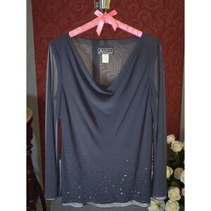 Alex Evenings Sheer Beaded Black Blouse Top Size 14  Sparkle Cowl Neck Party